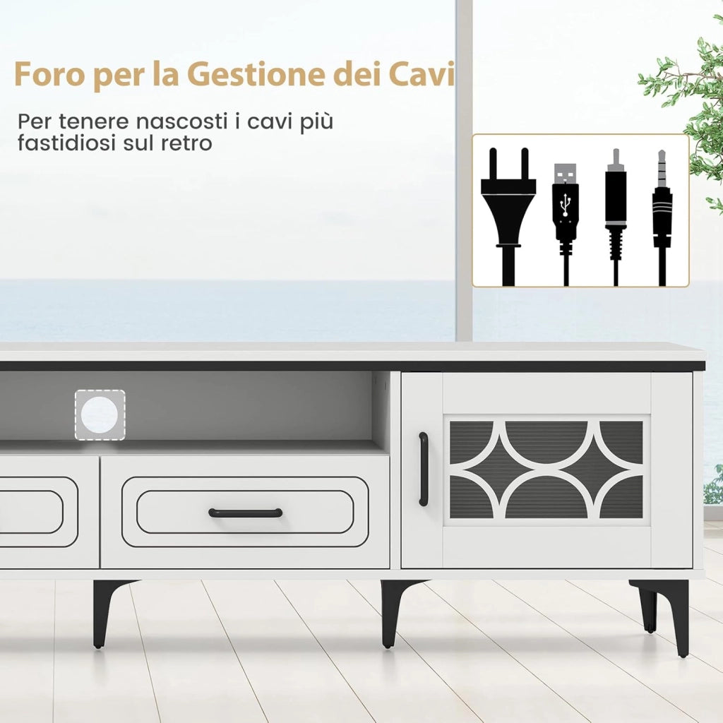 Mobile TV in Legno per Televisori Fino a 80", Mobile Porta TV 180 cm con 2 Cassetti, 2 Armadi e Scomparto, 7 Gambe Metalliche Rialzate, Consolle Media per Soggiorno (Bianco)