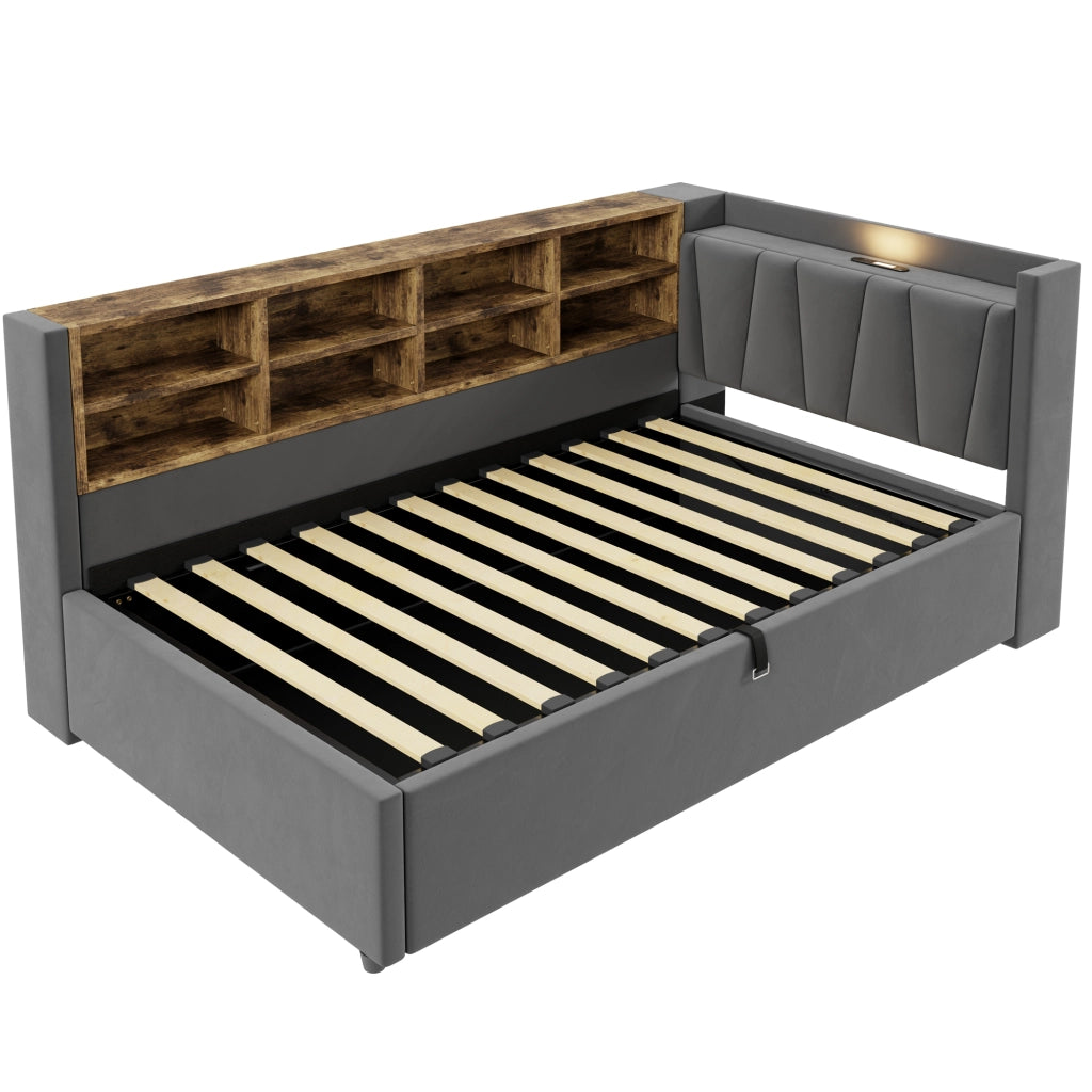 Letto imbottito singolo 90×200 cm con contenitore idraulico; USB; Type-C; lampada e ripiani; senza materasso; grigio