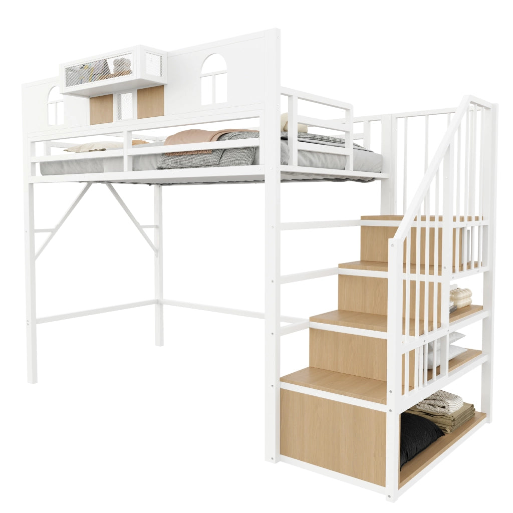 Letto a soppalco 90x200 cm con scala contenitore; finestra decorativa; mensola e LED; struttura in metallo bianco e legno