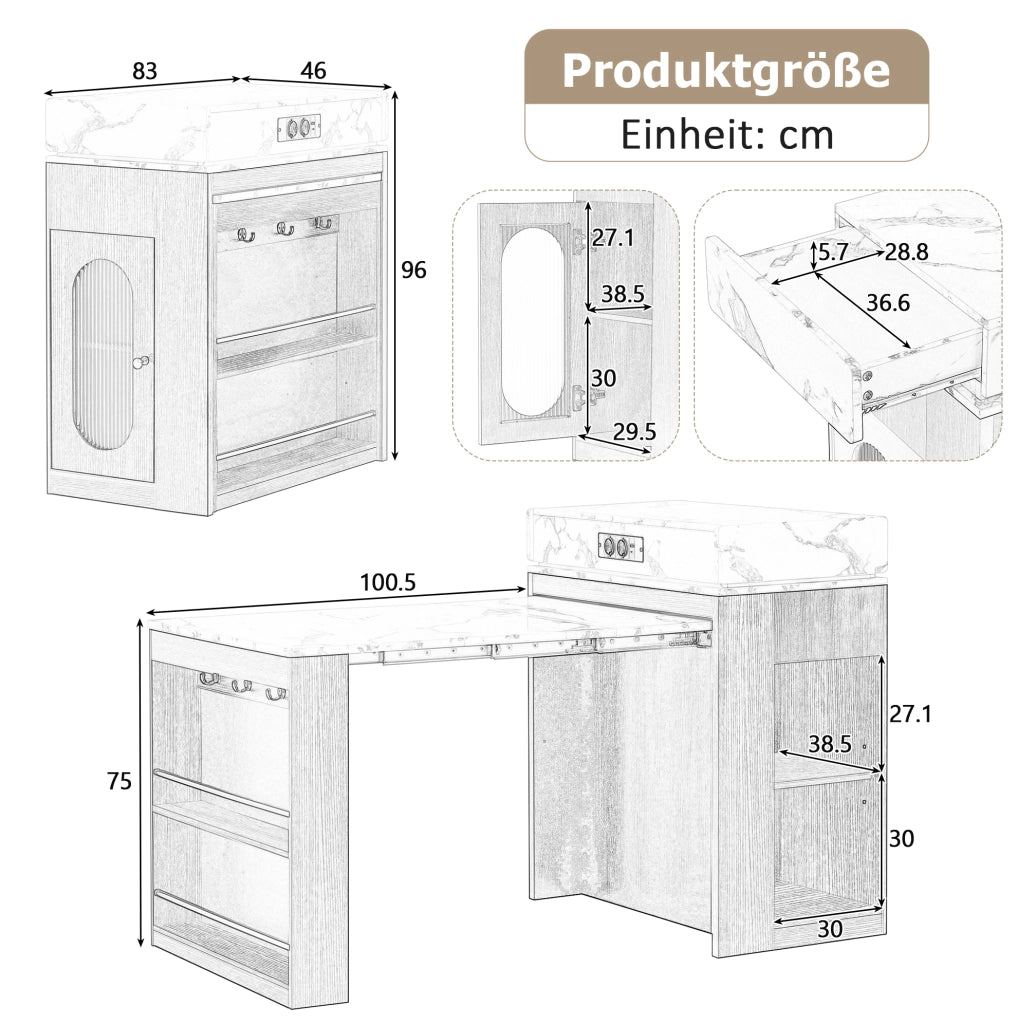 Tavolo allungabile 83x46~146.5x96 cm con piano pieghevole in MDF e vetro nero