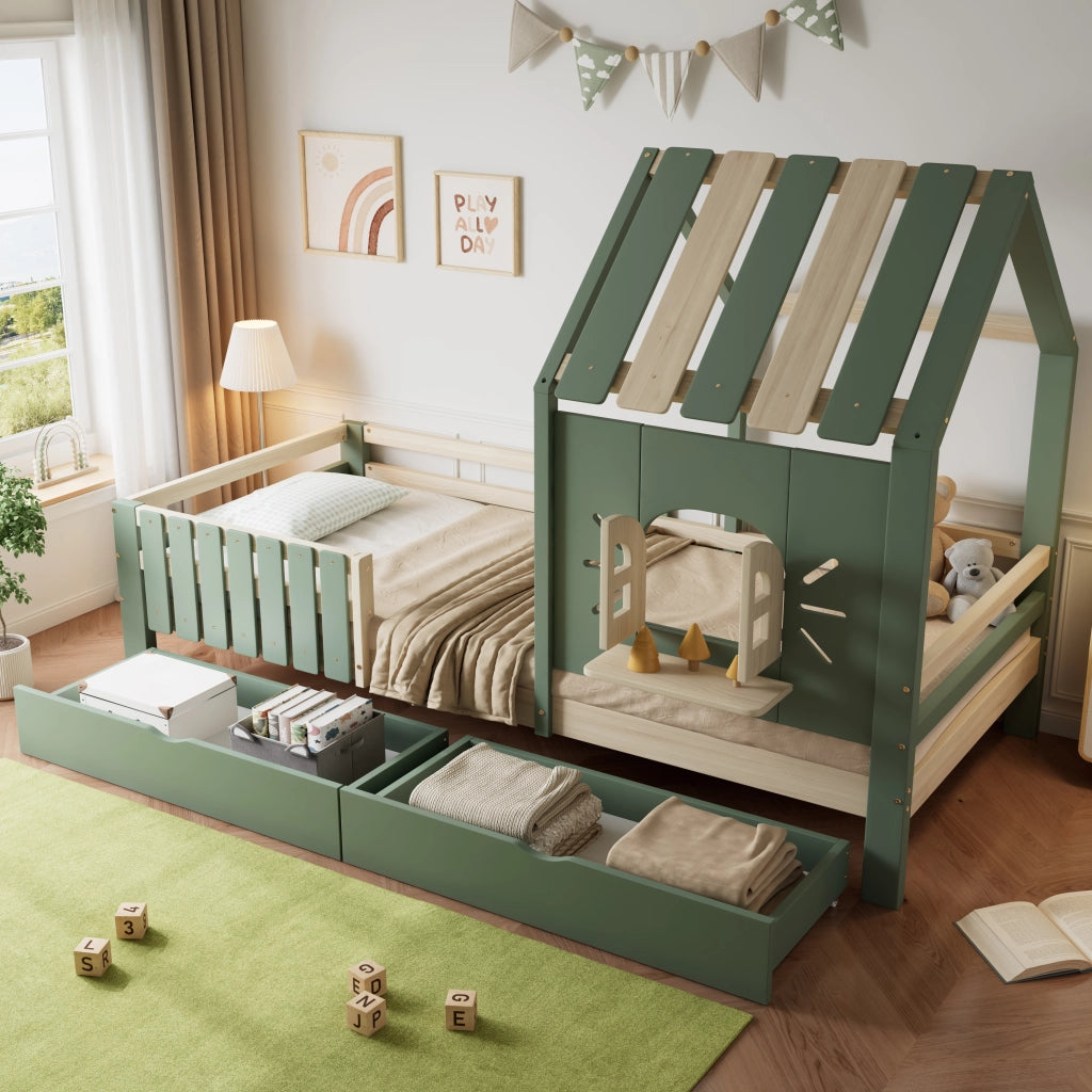 LETTO A CASetta 90x200 cm Verde e Naturale con 2 Cassetti