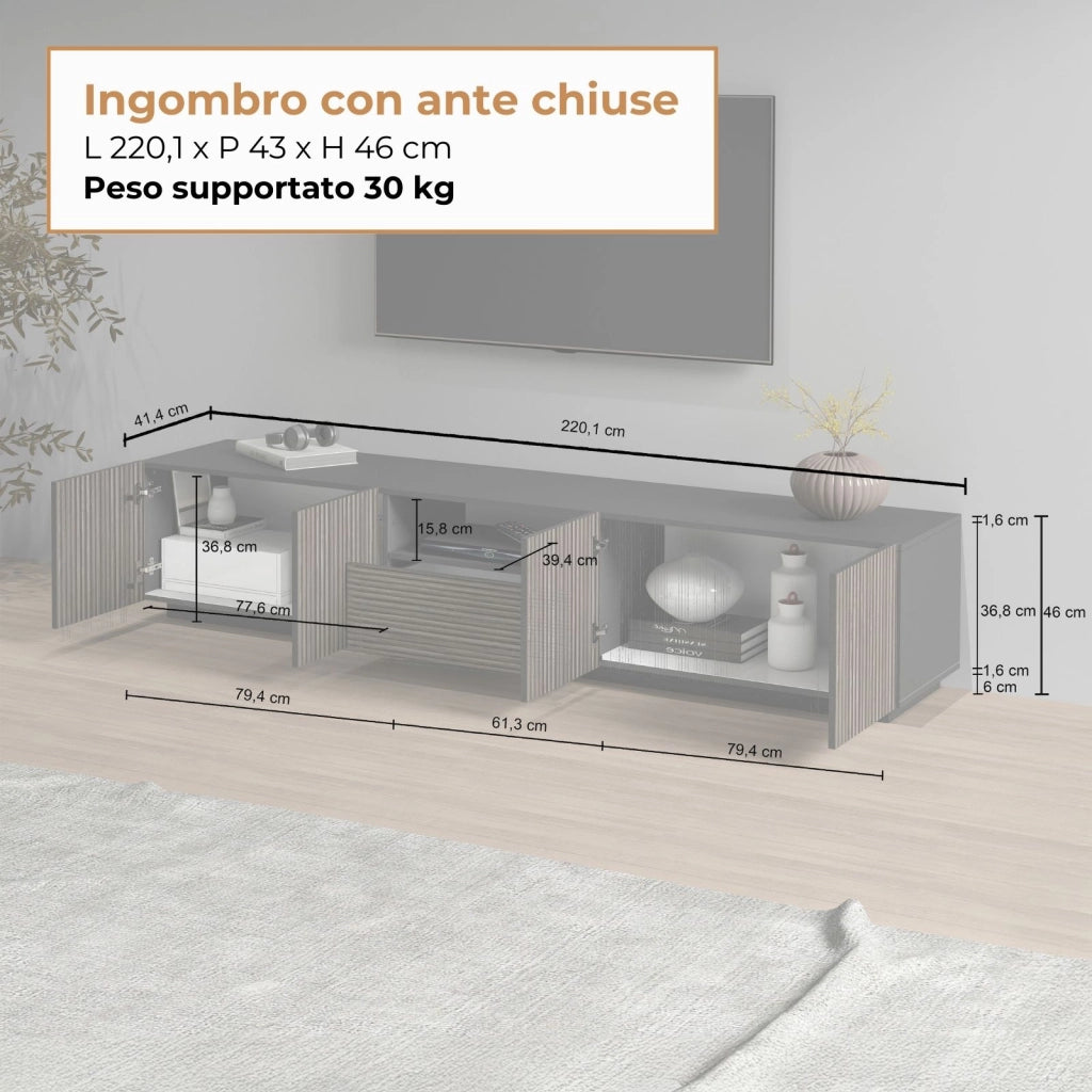 WHOUS Mobile porta tv Coste a 4 ante 1 cassetto e 1 vano antracite/legno scuro 220,1x43x46 cm