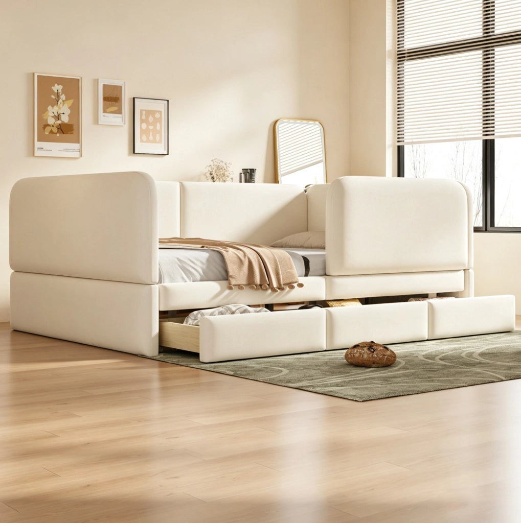 Letto imbottito per bambini 140x200 cm con sponde morbide e 3 cassetti
