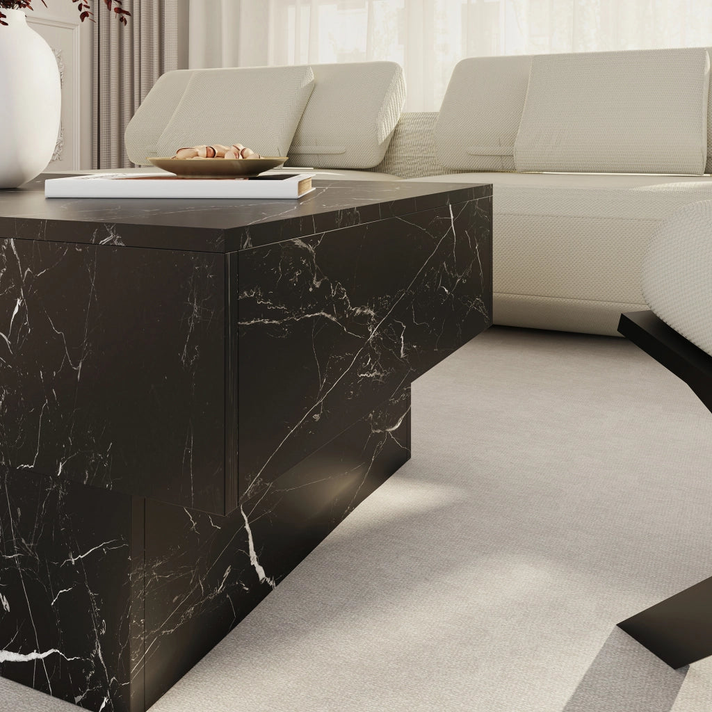 Tavolino Centrale Lens da Salotto con Piano Scorrevole 80 x 60 x 36 cm - Effetto Marmo Nero [en.casa]
