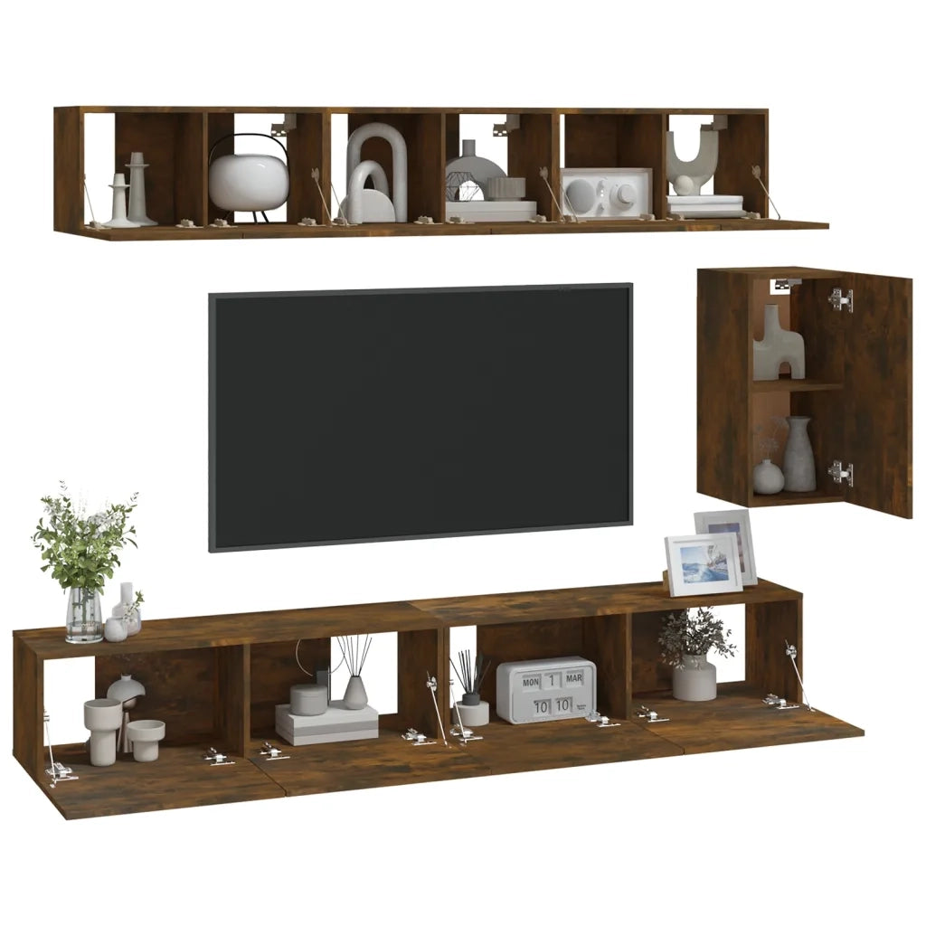 Set di Mobili Porta TV 6 pz Rovere Fumo in Legno Multistrato cod mxl 17128