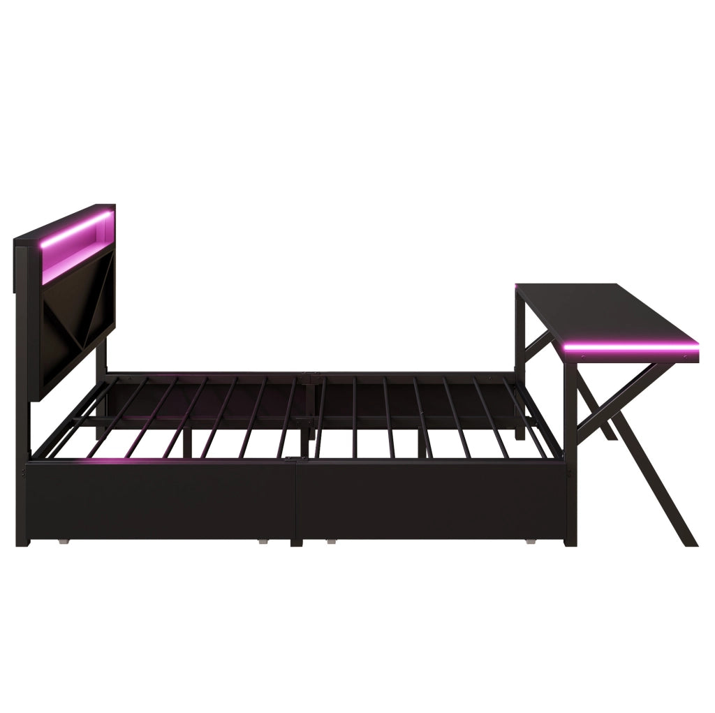 Letto gaming a piattaforma 140x200 cm con testiera LED; scrivania LED e 2 cassetti; nero