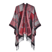 Sciarpa/mantello da donna con spacco e nappe, fantasia a quadri classica, extra large, spessa e calda, lavorata a maglia.