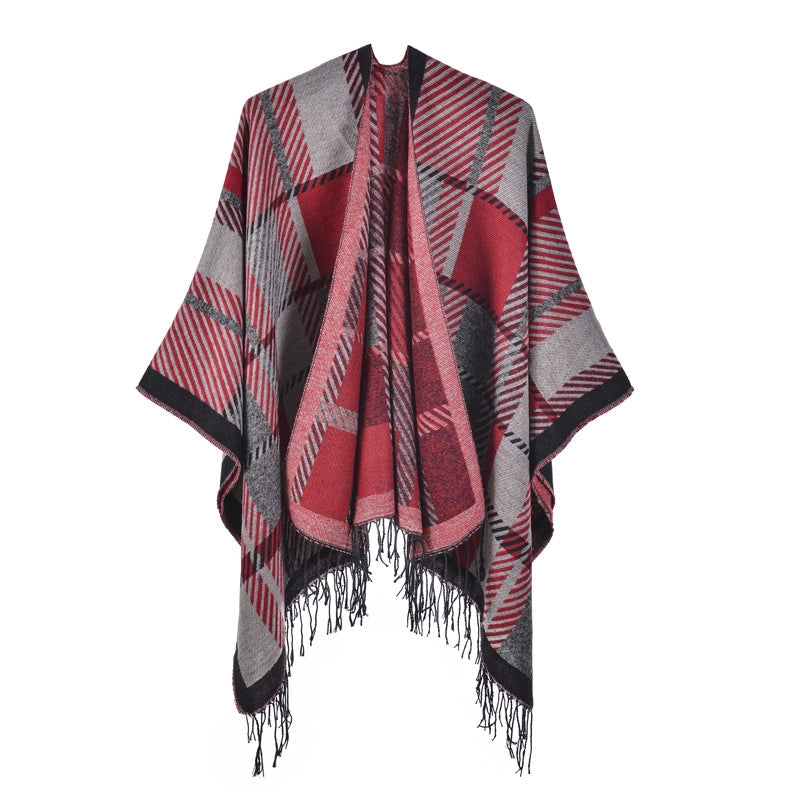 Sciarpa/mantello da donna con spacco e nappe, fantasia a quadri classica, extra large, spessa e calda, lavorata a maglia.