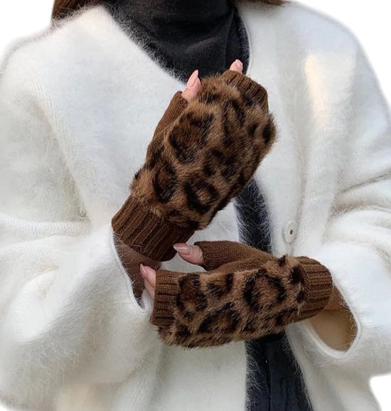 Manopole senza dita per donne con stampa leopardo, guanti a cuffia a maglia con piuma artificiale, guanti caldi invernali con pelliccia, guanti caldi con piuma e foro per indice, guanti touchscreen per lavoro e attività all'aperto.