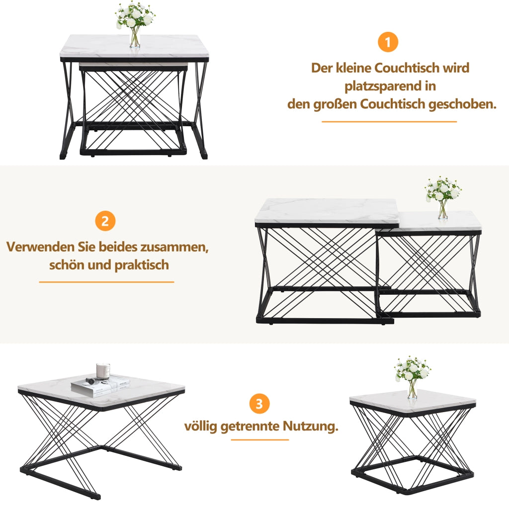Tavolino basso modulare in set da 2 con finitura marmo lucida, piedini regolabili, MDF nero e bianco
