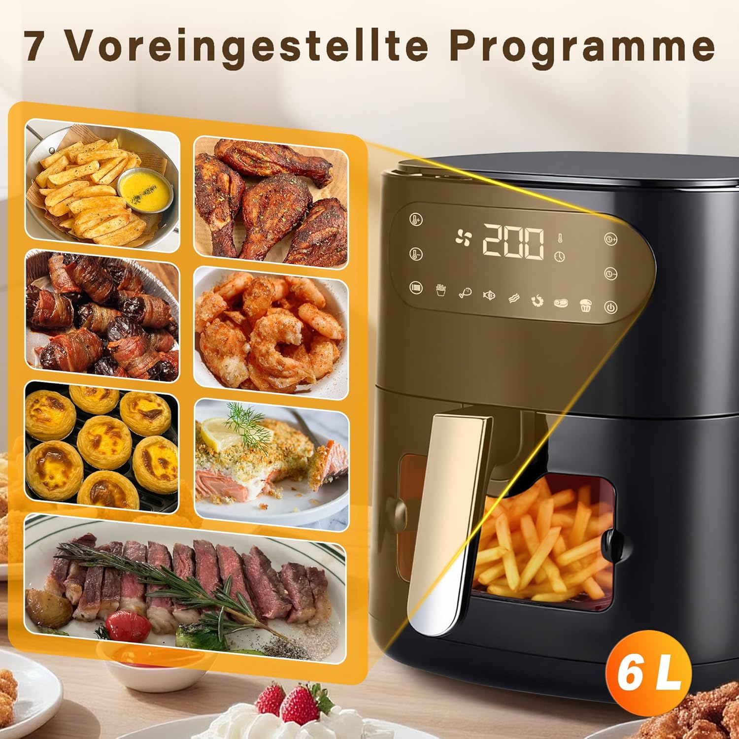 ZMH Friggitrice ad aria nera da 6 litri cestello singolo finestra di visualizzazione 7 programmi di cottura con timer
