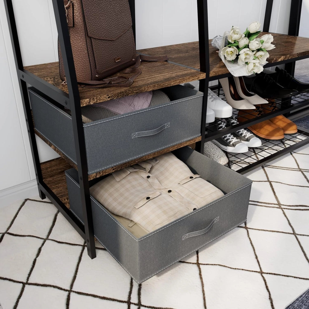 Appendiabiti Mobile Ingresso con Panca, 9 Ganci e 6 Ripiani, 2 Cassetti in Tessuto Rimovibile, Organizzatore di Casa per Ingresso, Soggiorno, Camera da letto, Marrone Rustico