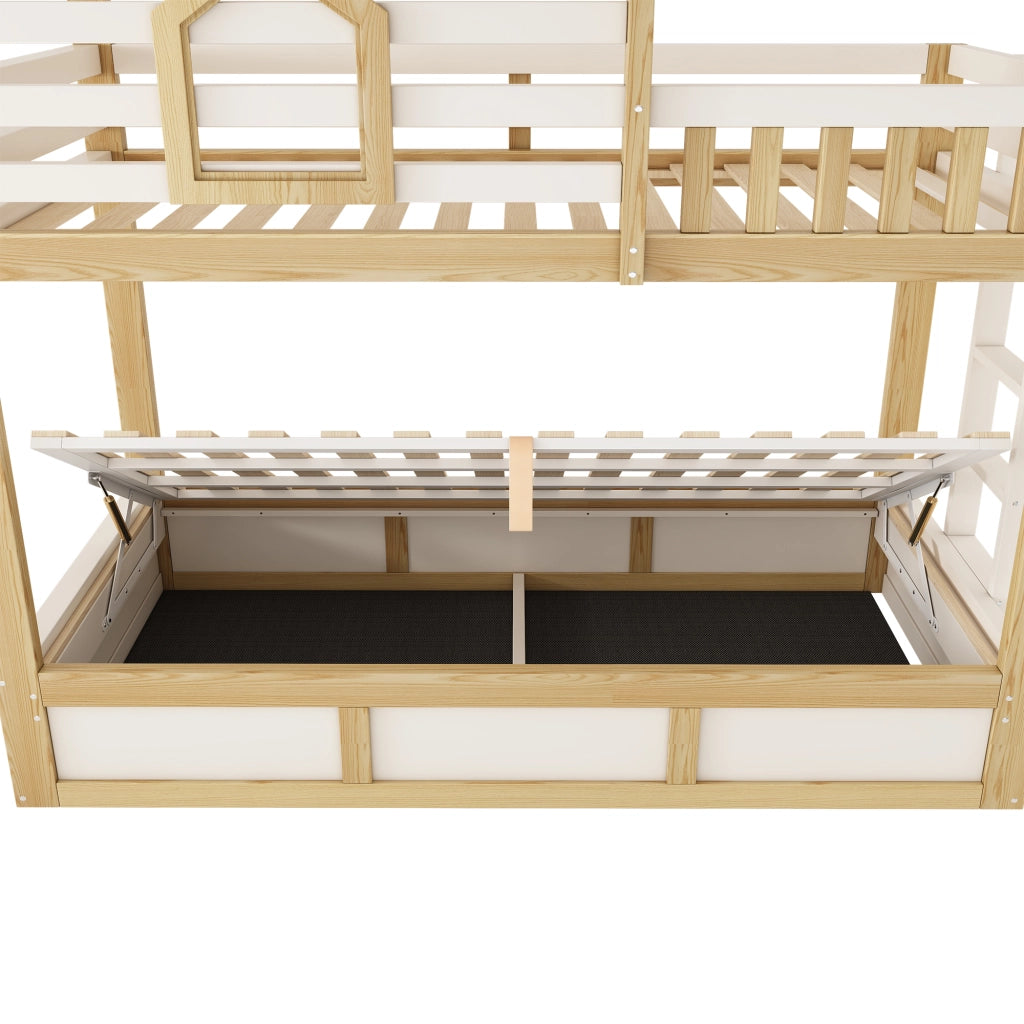 Letto a castello per bambini 90 × 200 cm con scala, sponda di sicurezza e contenitore, senza materasso, bianco e rovere
