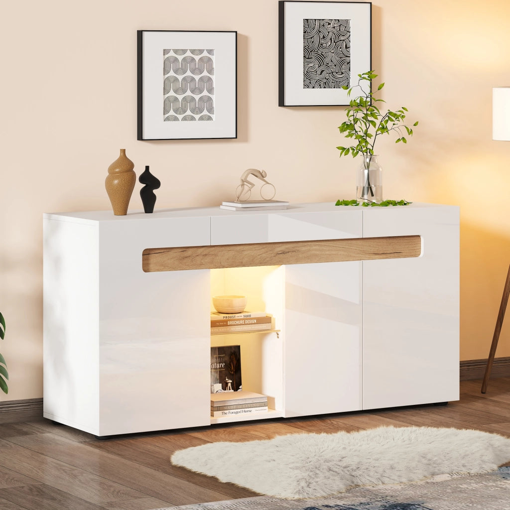 Credenza con 3 Ante; 1 Vano semiaperto e LED per Soggiorno in Pannello truciolare 140 × 40 × 70 cm Bianco