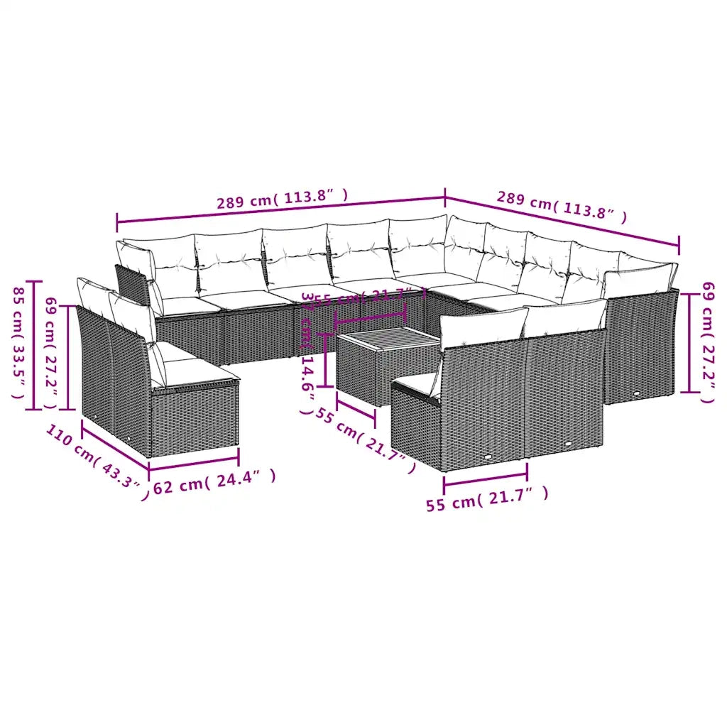 Set Divani da Giardino 14pz con Cuscini in Polyrattan Nero 3256266