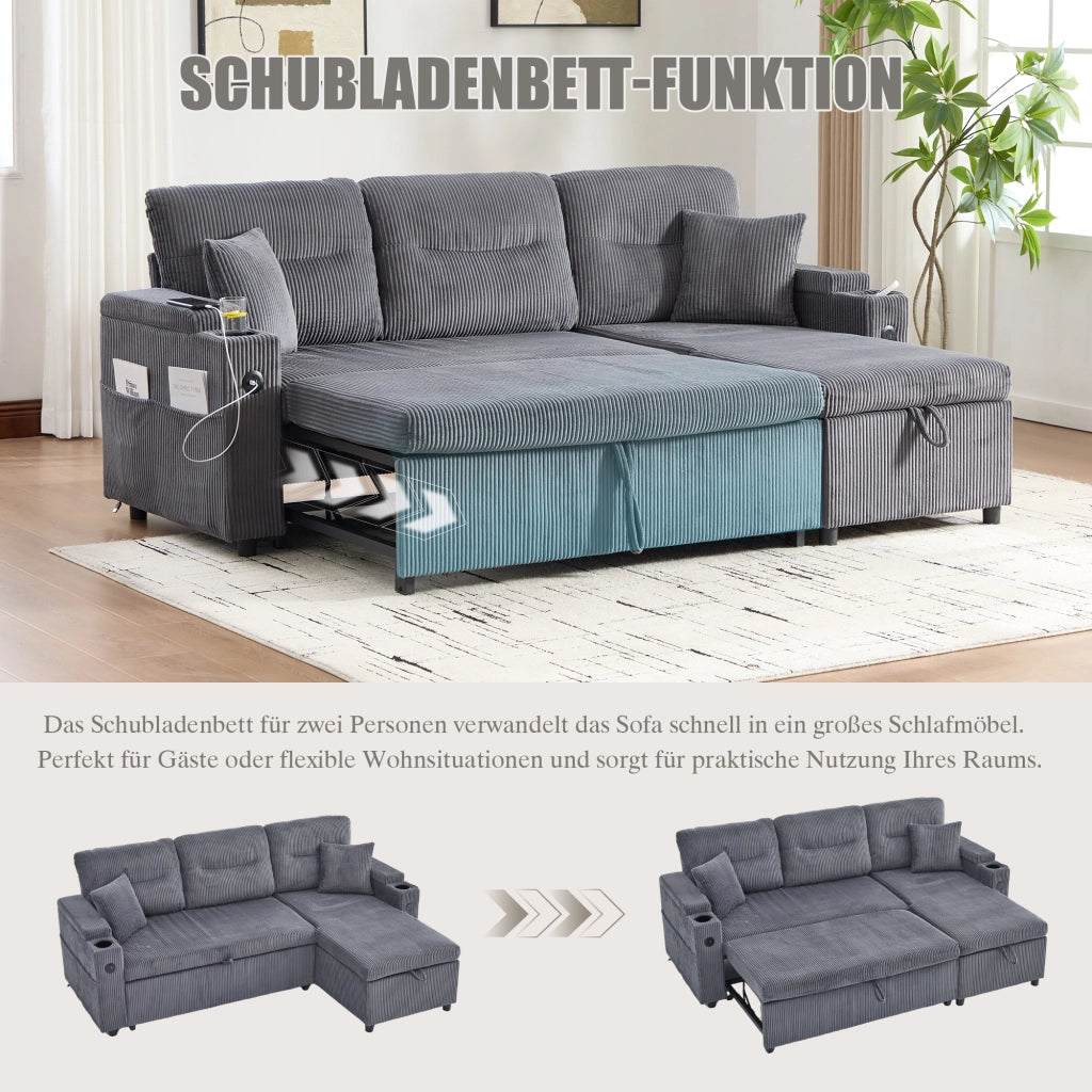 Divano letto con chaise longue contenitore USB C e portabicchiere in velluto a coste grigio carbone 212,5 × 136 × 86 cm