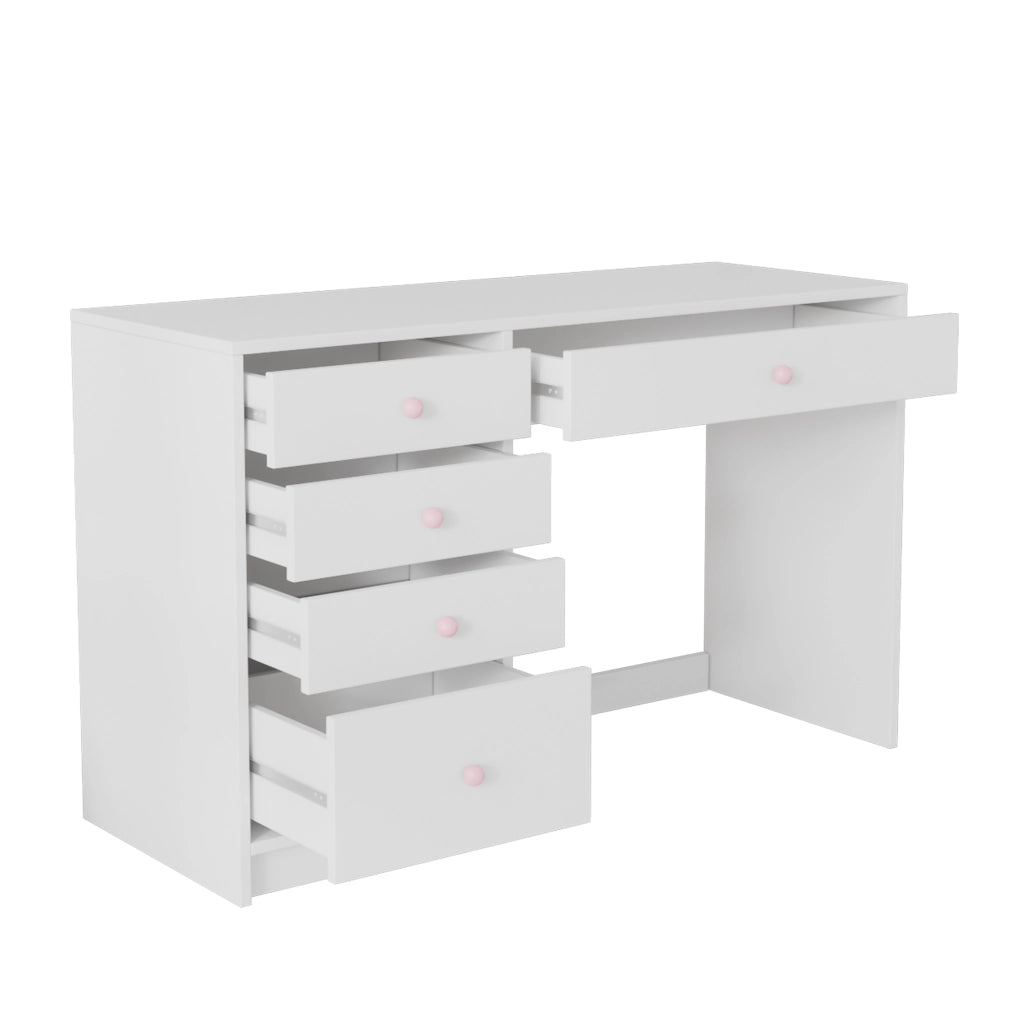 Scrivania lineare con 5 cassetti e maniglie in ceramica rosa, per cameretta e camera da letto, bianco, 120 × 45 × 74 cm