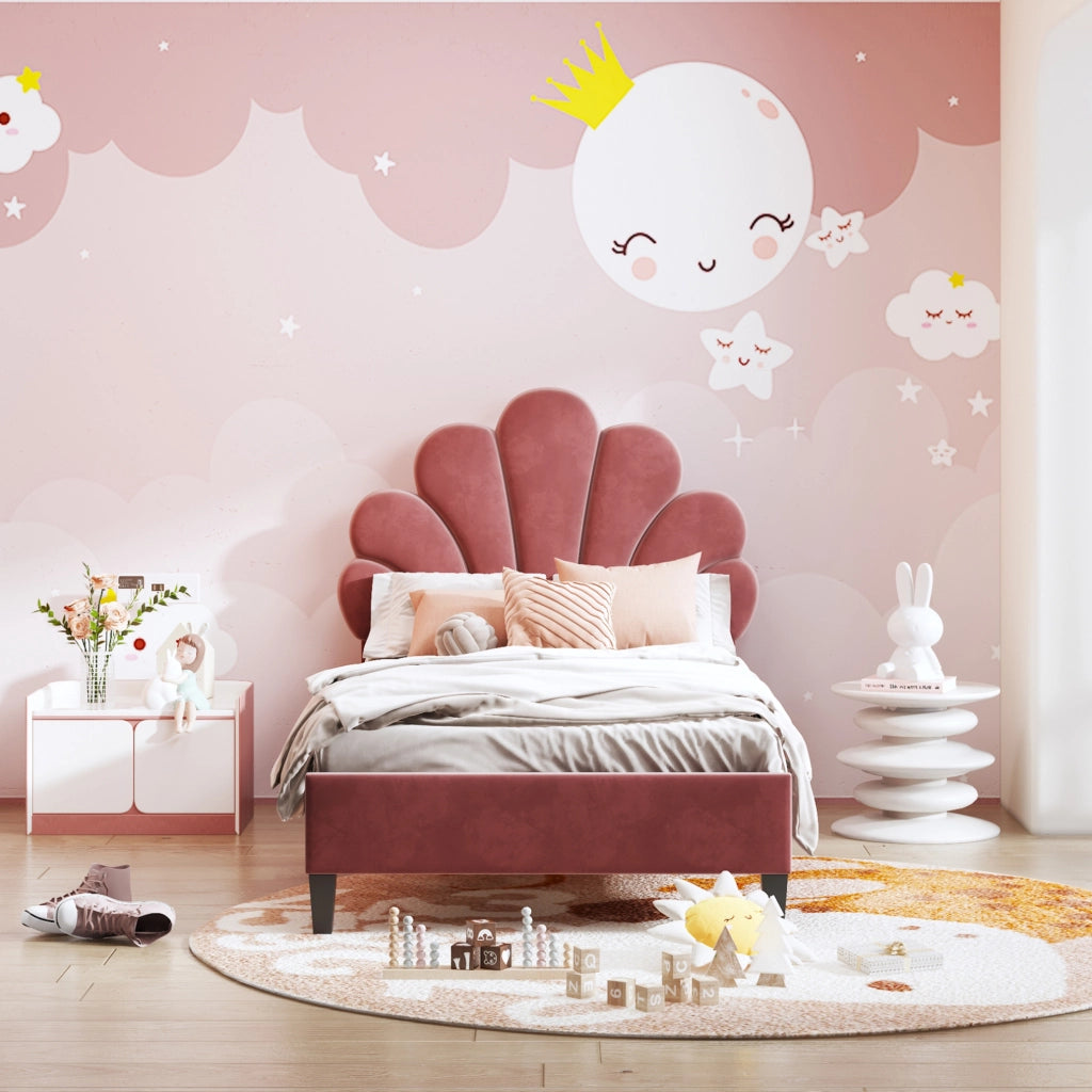 Letto imbottito 90x200 cm in velluto rosso fagiolo con testiera a fiore