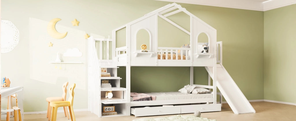 LETTO a castello a casetta 90x200 cm con scivolo e scala contenitore bianco