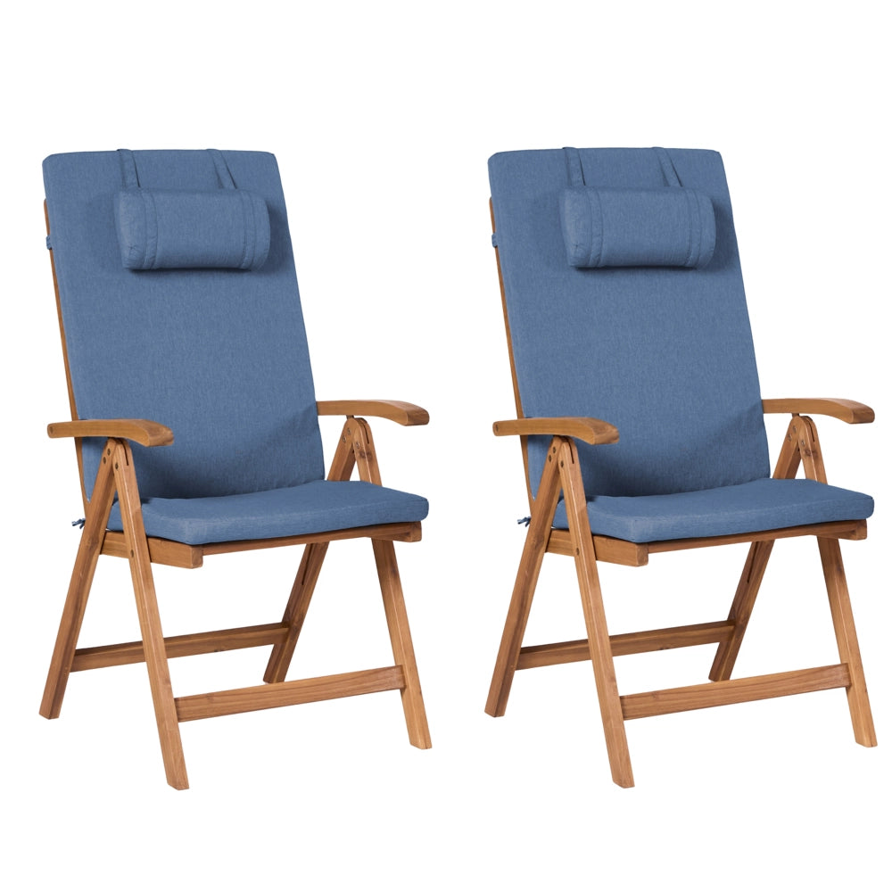 Set di 2 sedie da giardino in legno di acacia chiaro con cuscini blu, pieghevoli, resistenti ai raggi UV, in stile rustico