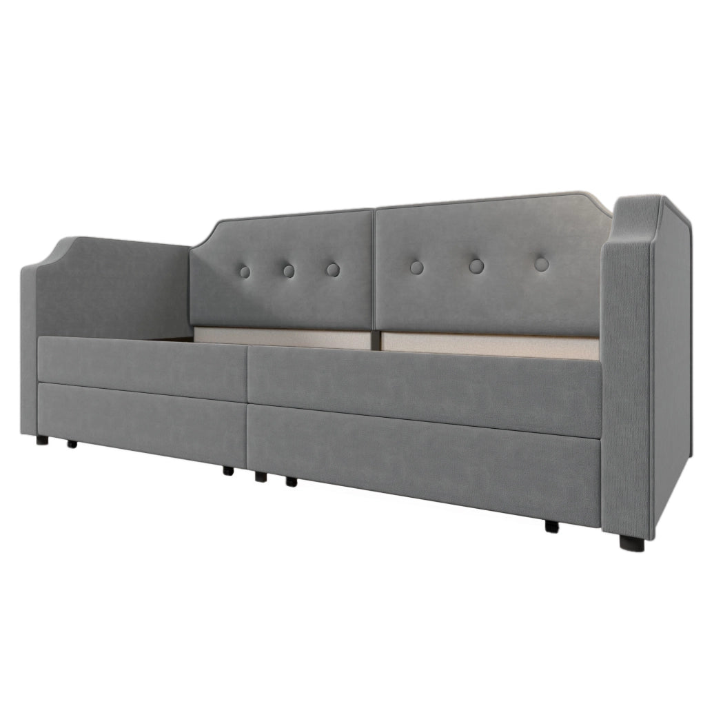 Letto imbottito 90x200 cm in velluto grigio con USB Type-C; luce da lettura e 2 cassetti