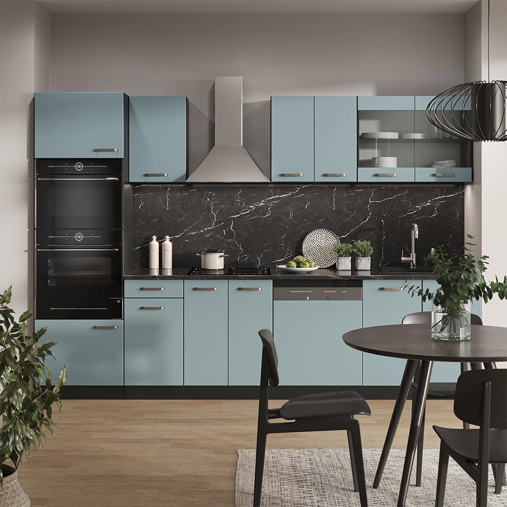 Vicco Cucina componibile Blu-grigio/antracite 300 cm con armadio alto, PL Rovere