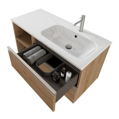 Mobile bagno sospeso 100 cm rovere miele con cassetti e vani a giorno completo di lavabo a destra e specchio contenitore Master
