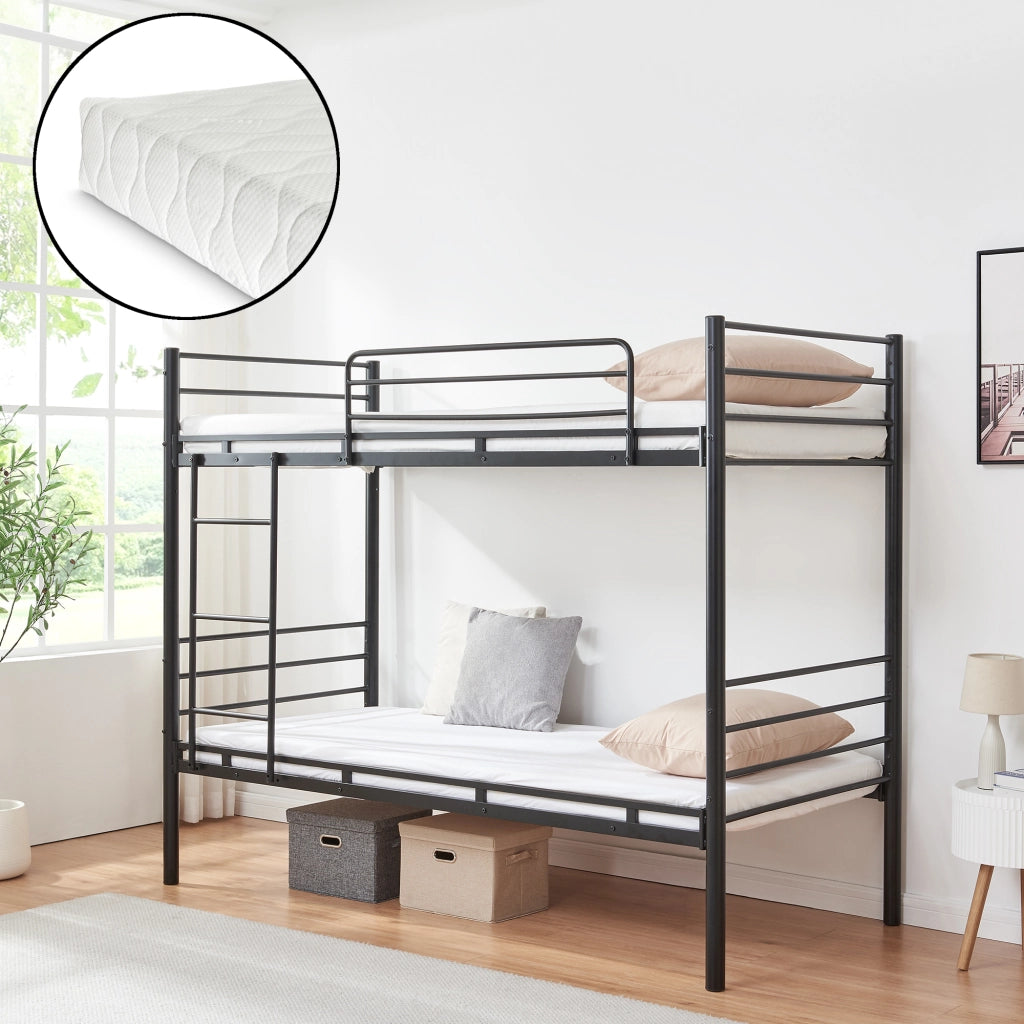 Letto a Castello Bevapis a 2 Posti con Materassi 90x200 cm Sponda Anticaduta e Scaletta - Nero [en.casa]