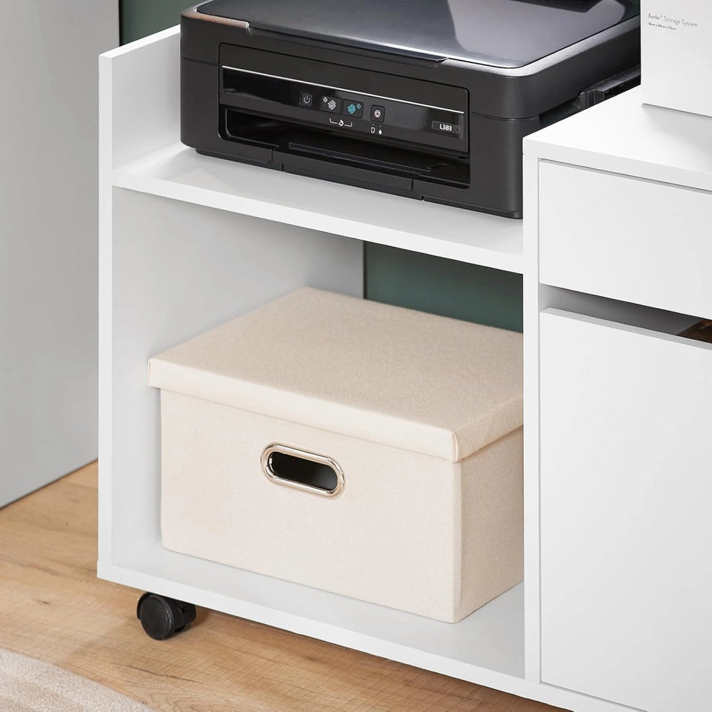 Cassettiera Scrivania con Ruote Mobiletto Ufficio Salvaspazio con Cassetto e Anta Supporto Stampante Schedario da Ufficio Bianco 72x40x54 cm ASK02-W