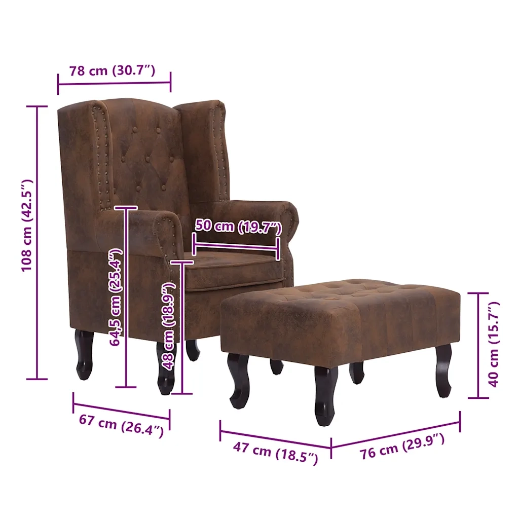 Poltrona Chesterfield e Pouf Marrone Similpelle Scamosciata