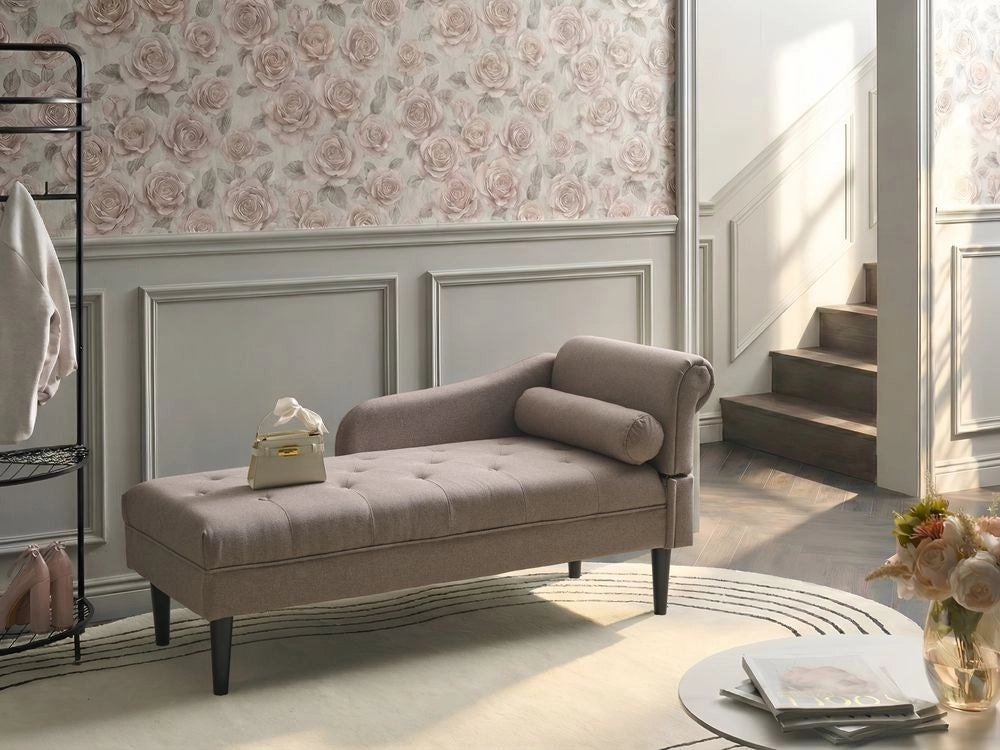 Chaise longue destra in tessuto tortora imbottita con cuscino facile da pulire, gambe in legno, soggiorno moderno