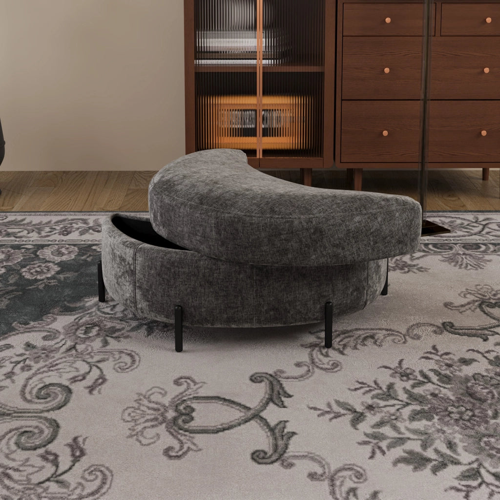 Pouf Contenitore Mezzaluna con Vassoio ¨C MINIMAL ¨C Tessuto Chenille, Grigio, Poggiapiedi