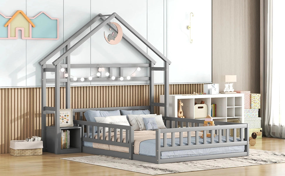 DESMIU Letto casetta letto per bambini 2 posti con sponda e comodino, 140 × 200 cm, senza materasso, grigio