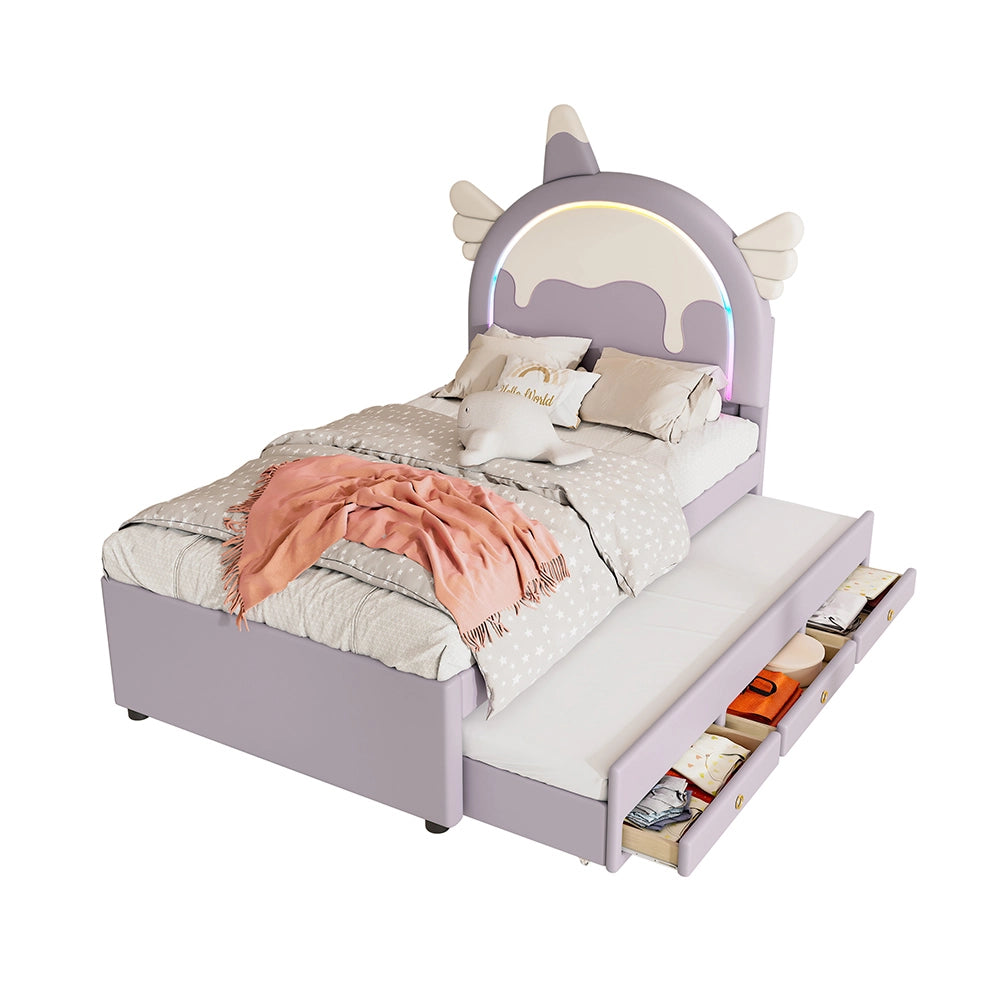 Letto con cassetti Letto Gigogne Letto bambini 90x200 cm a forma di unicorno dotato di letto a rotelle Gigogne Viola - Xylo