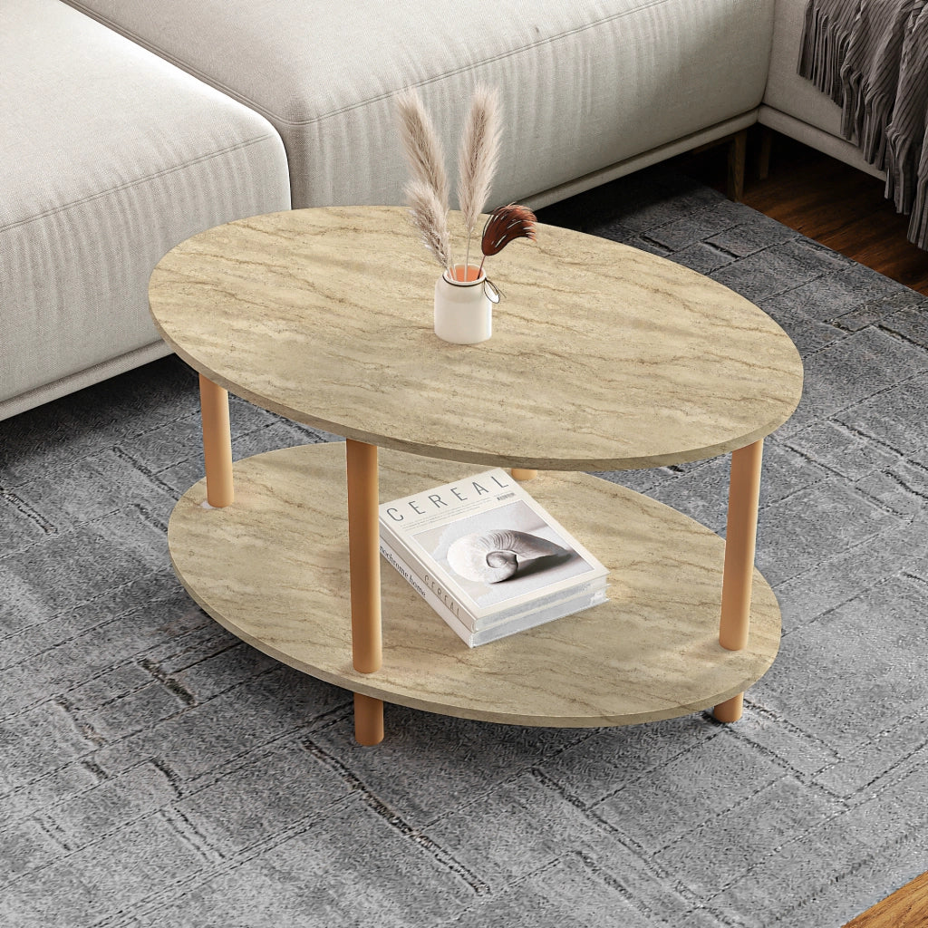 Tavolino Basso da Salotto 'Højreby' con Gambe in Legno e Piano Ovale - Travertino [en.casa]