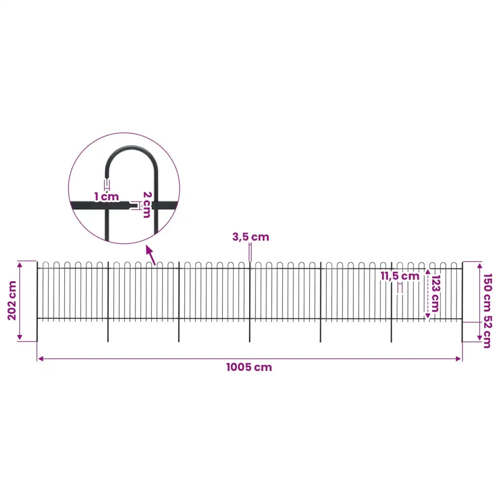 Recinzione da Giardino con Parte Superiore ad Anello in Acciaio 1005x150 cm Nero 277679