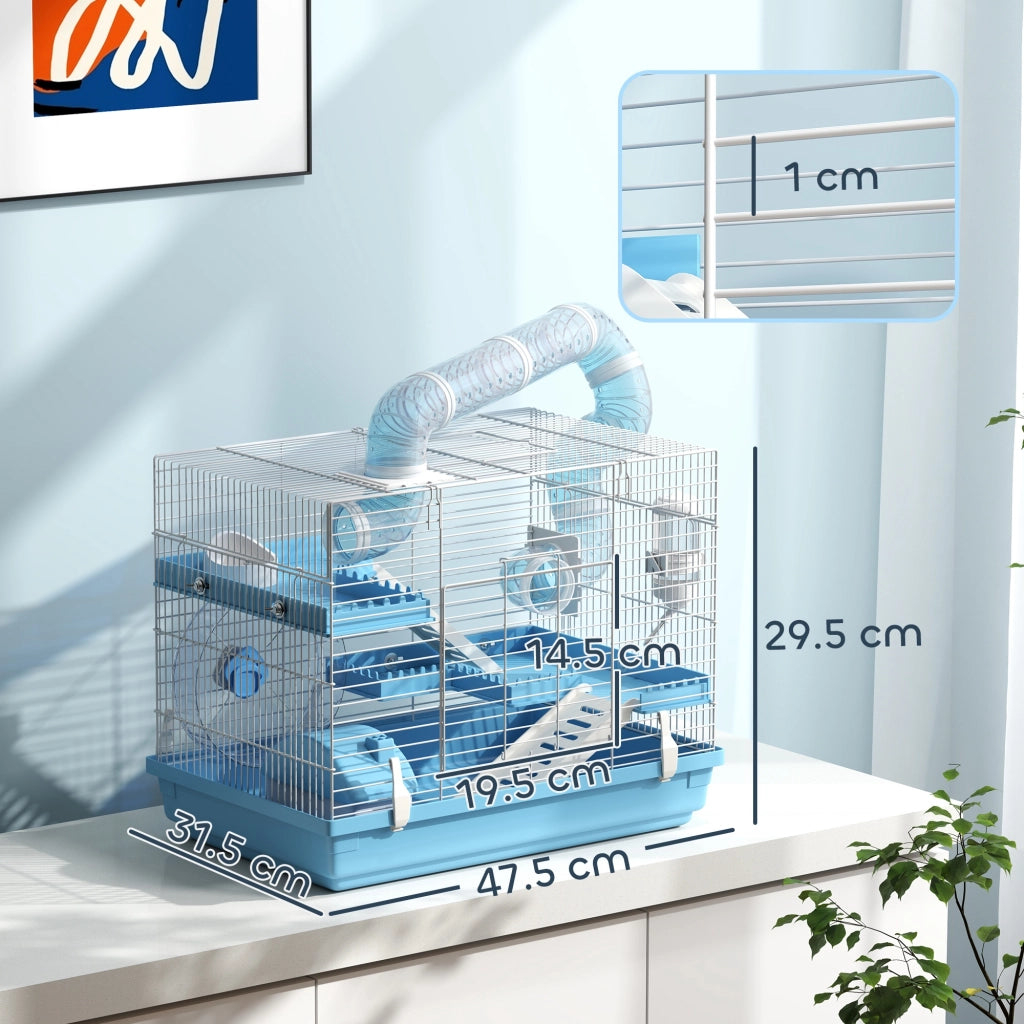 Gabbia per Criceti a 3 Piani con Casetta, Ruota, Ciotola per Cibo, Bottiglia e Tubi, Azzurro