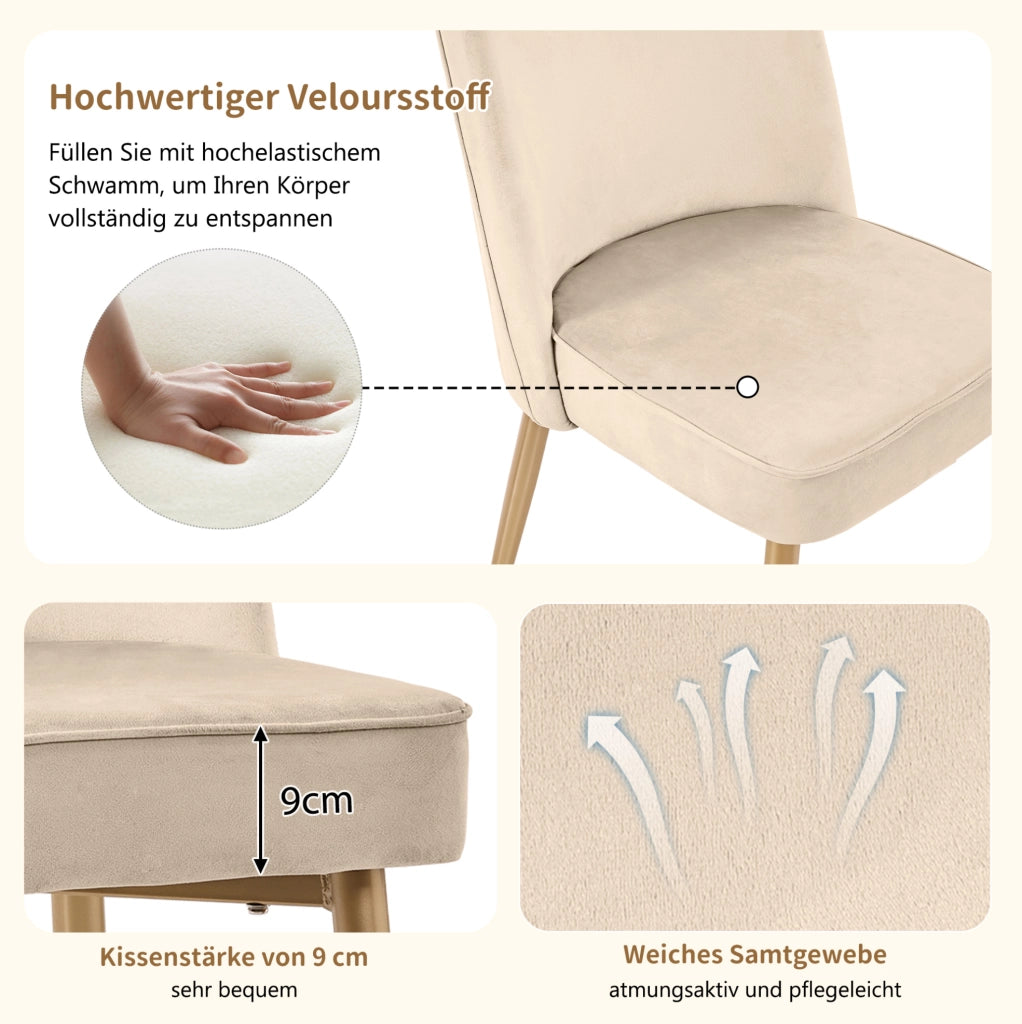 Sedia da pranzo beige in velluto con gambe in metallo dorato