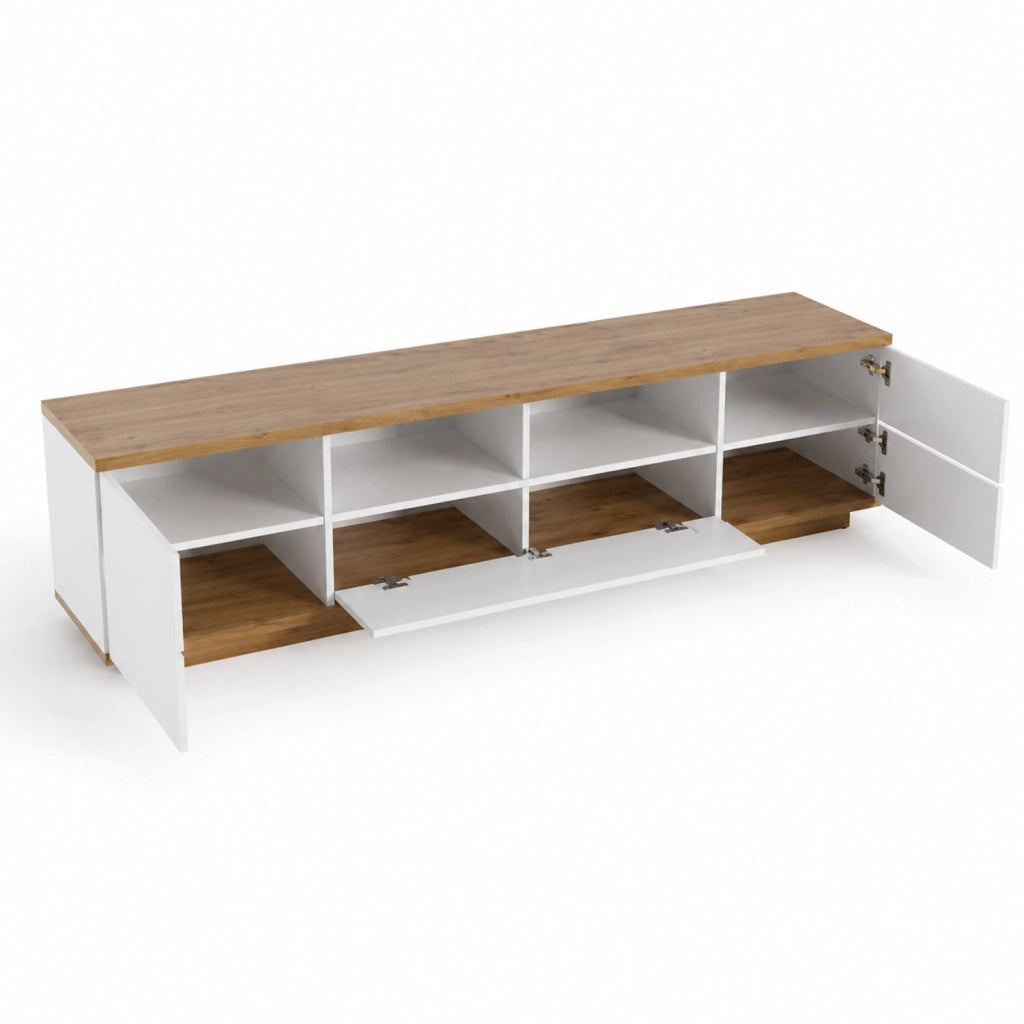 Mobile TV Con 4 Ante Anta A Ribalta 2 Vani A Giorno Passacavi In MDF Resistente Mobile Basso Per Soggiorno Living Salotto Moderno E Organizzato 180 x 38 x 46 Cm Bianco E Rovere