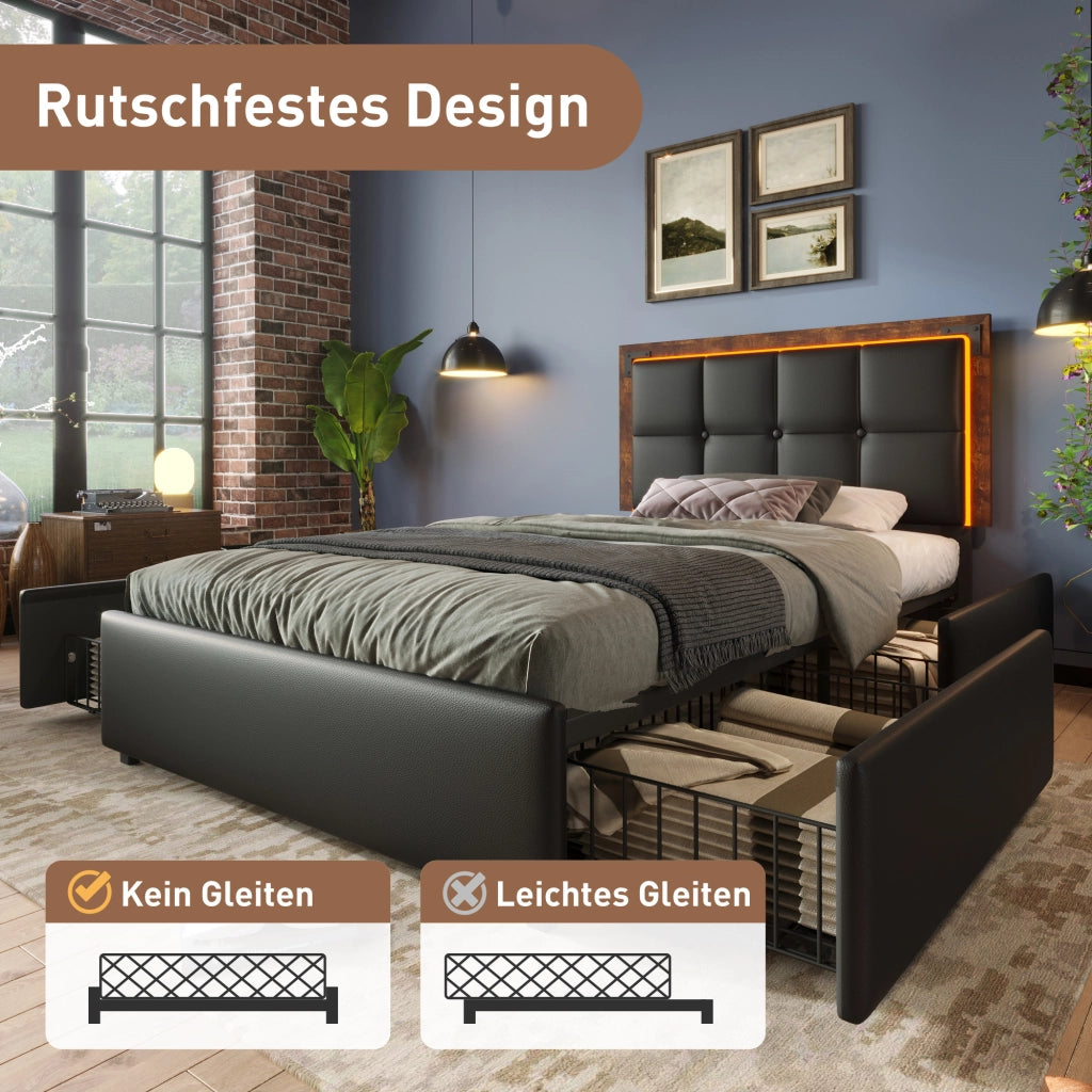 Letto con Cassetti 90x200 cm; Singolo - 4 Cassetti; LED e Testiera Regolabile - Nero