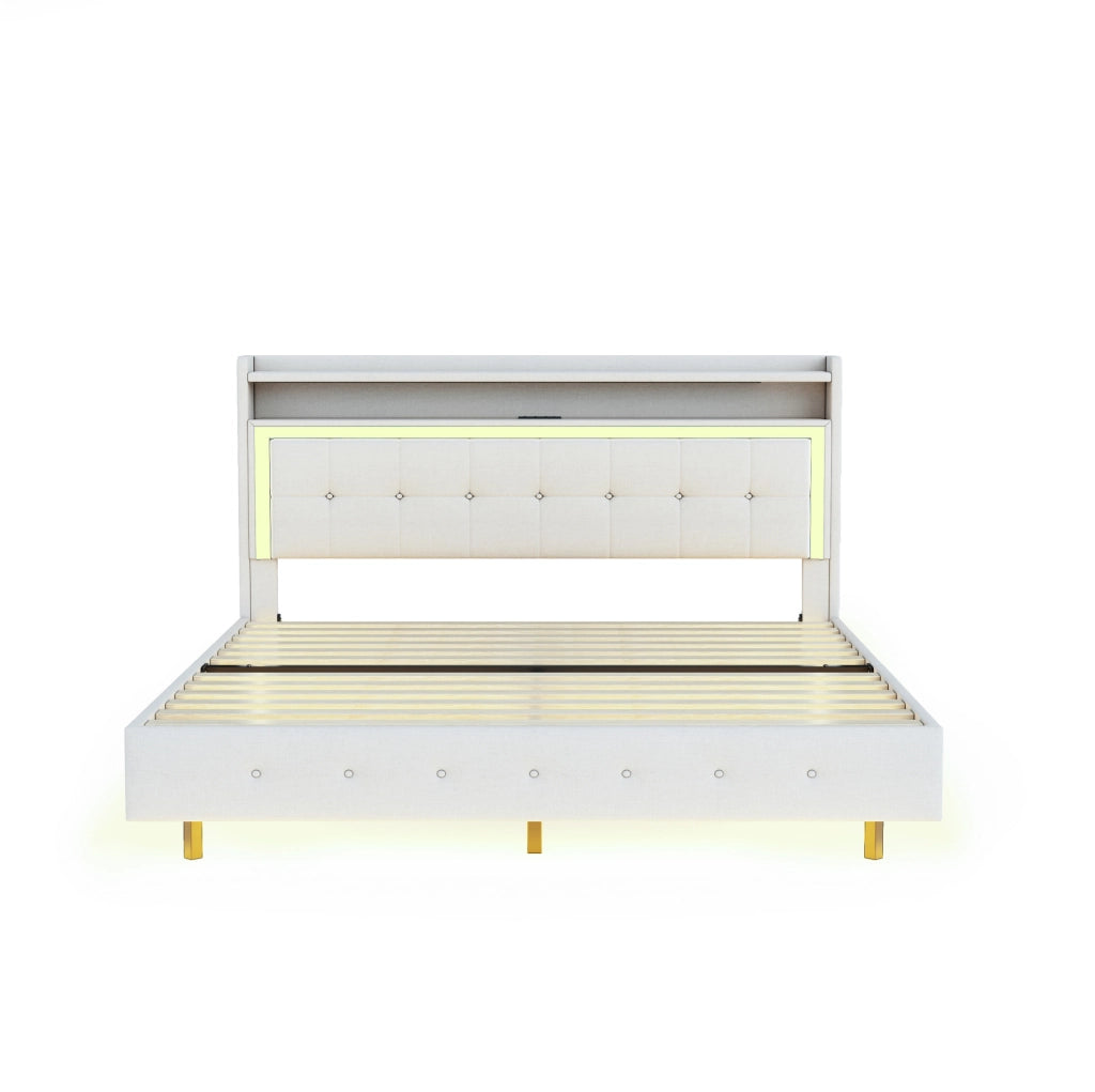 Letto matrimoniale imbottito 140x200 cm con USB e luci LED; lino beige