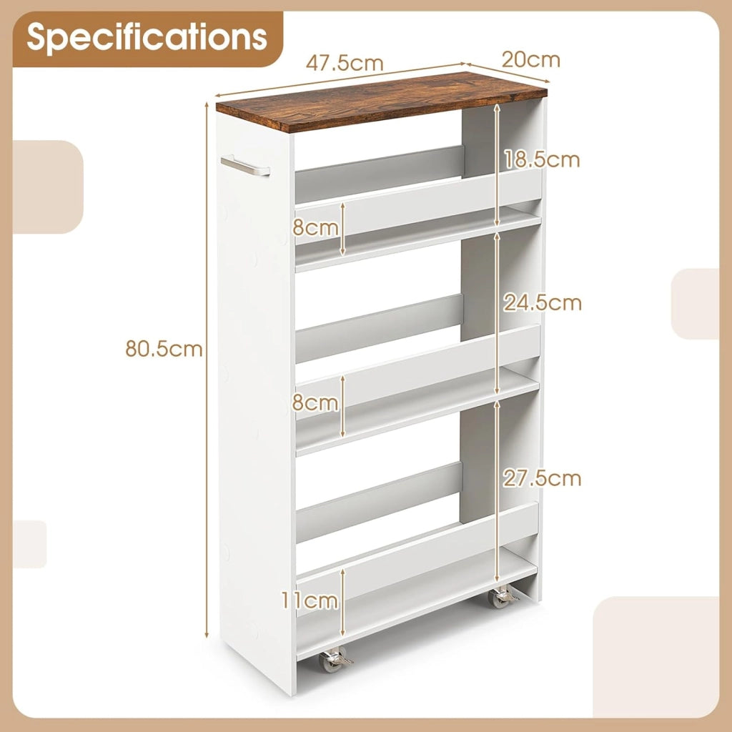 Carrello per Nicchia con Ruote, 4 Livelli，Carrello di Servizio Stretto Salvaspazio, da Bagno, Scaffale da Cucina Sottile 47,5 x 13 x 80,5 cm (Industriale+Bianco, Largo 20 cm)