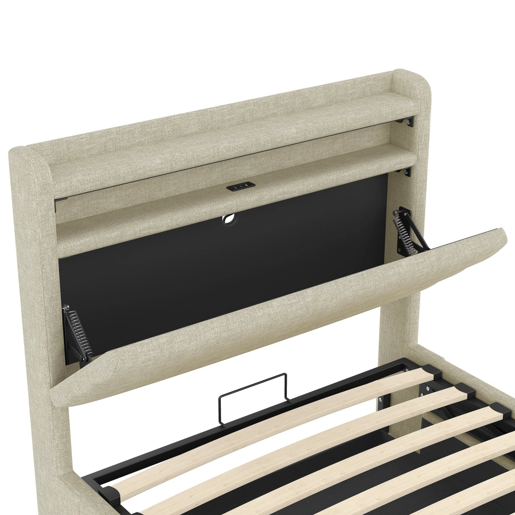 Letto con contenitore 90 × 200 cm imbottito con LED USB e USB-C rivestito in lino beige
