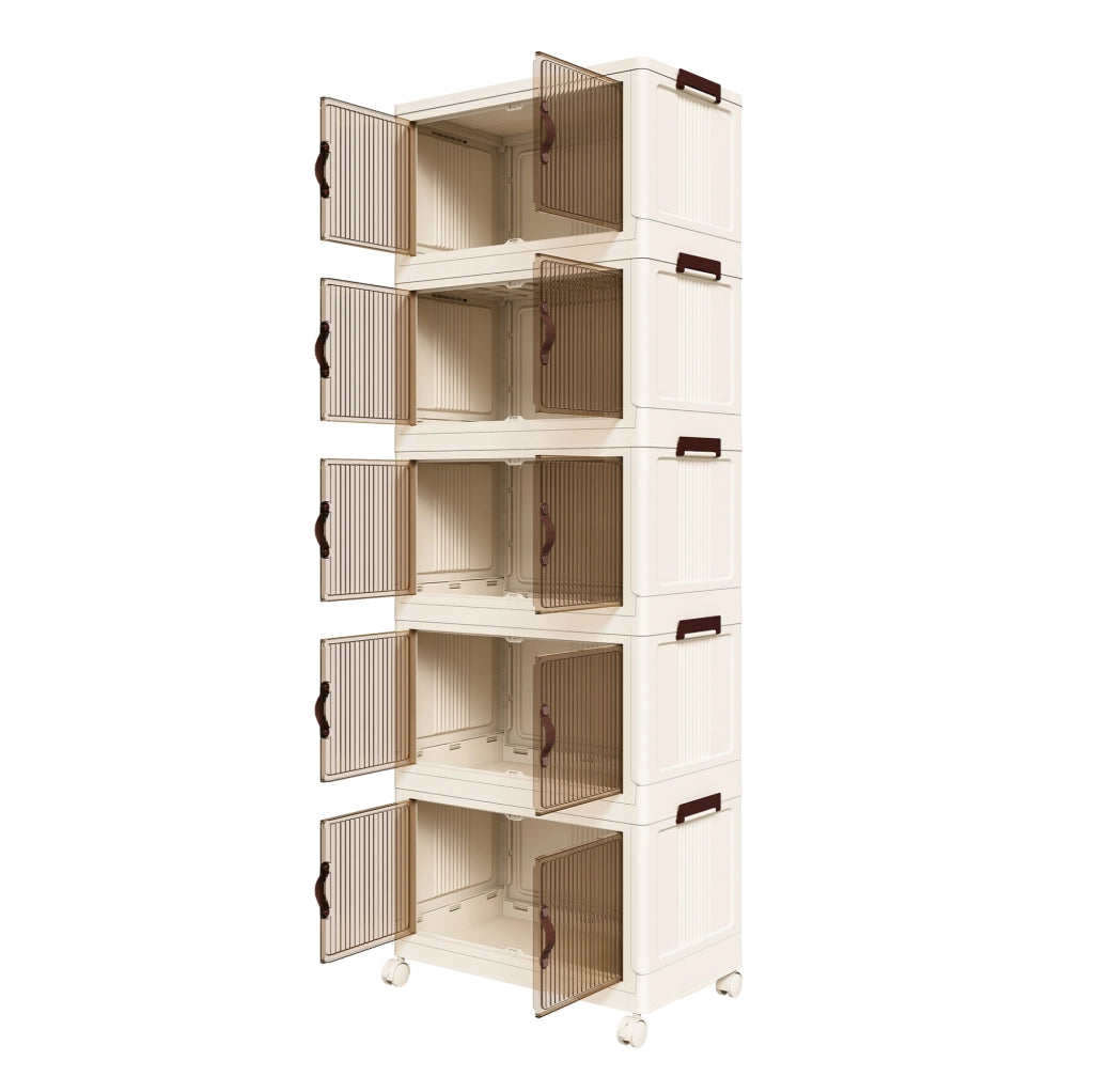 Armadio contenitore pieghevole a 5 livelli in PP bianco con porte magnetiche e ruote