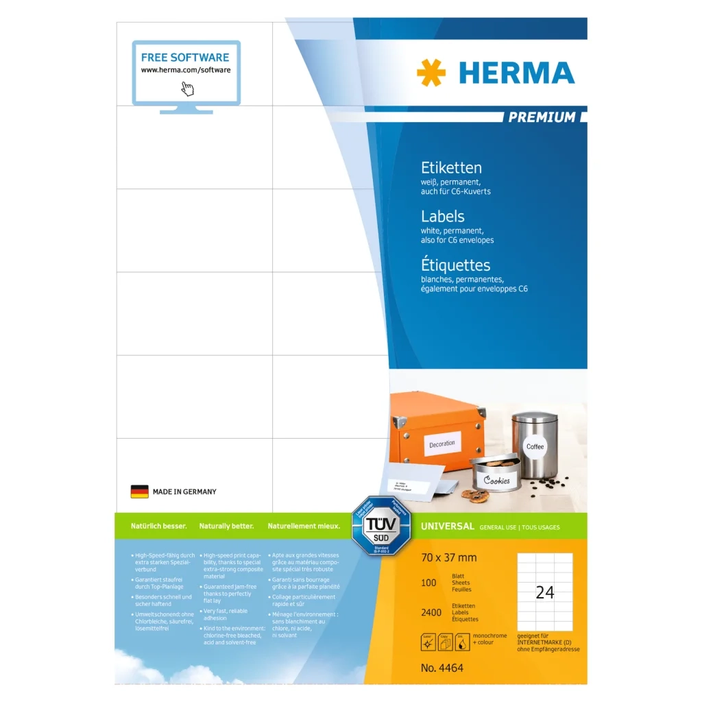 HERMA Etichette Permanenti PREMIUM A4 70x37 mm 100 Fogli 443757