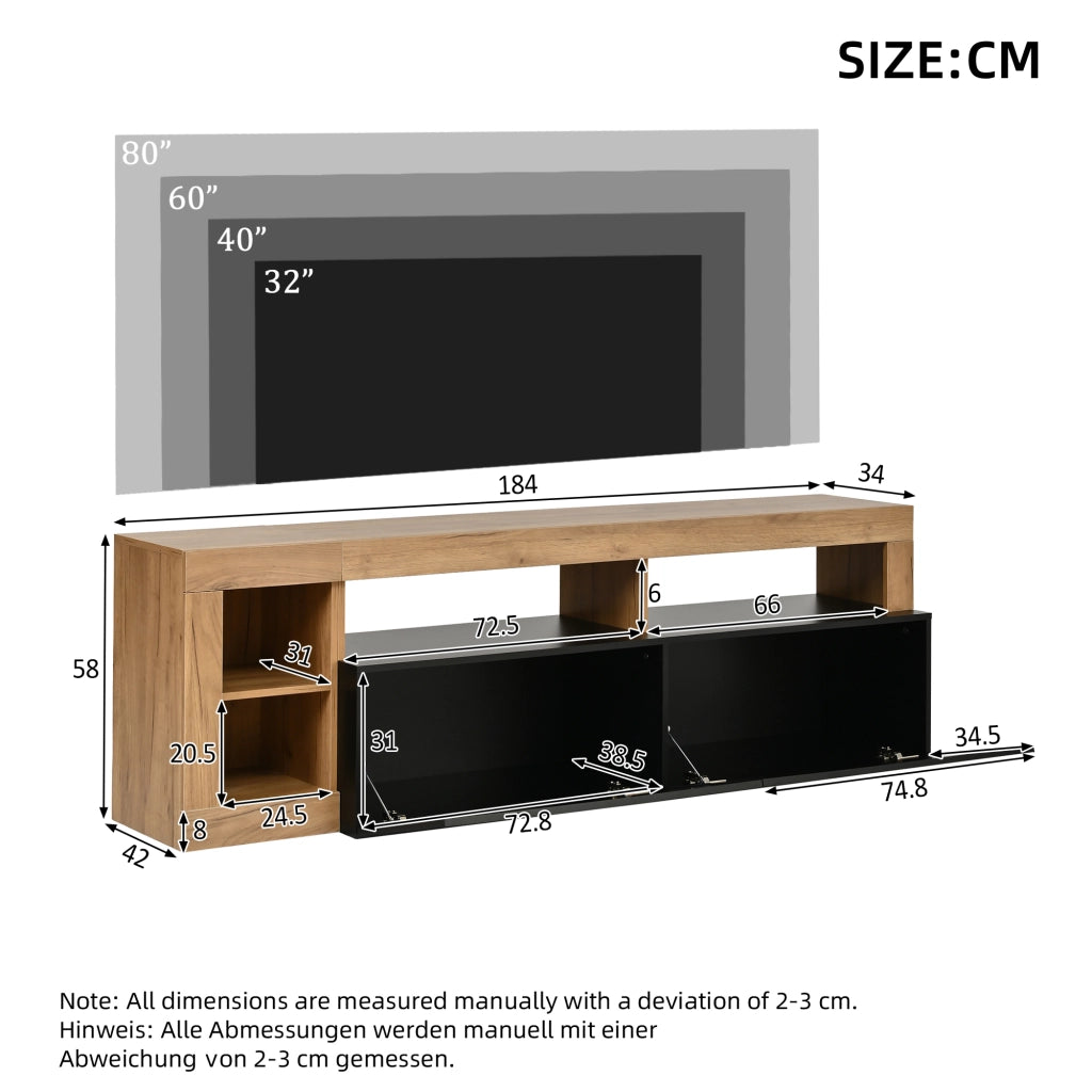 Mobile TV moderno in truciolato con illuminazione LED, colore nero e finitura effetto legno, 184 x 42 x 58 cm, per TV fino a 80 pollici