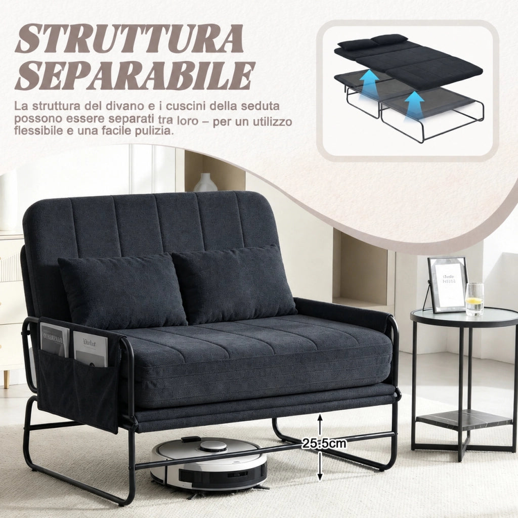 Divano letto due posti in ciniglia nera 104 cm con struttura in metallo