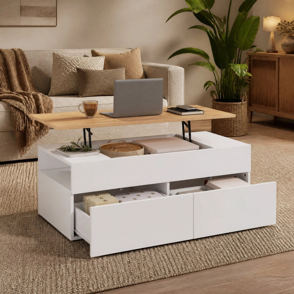 Tavolino da soggiorno sollevabile 100x50x40 cm in truciolare bianco con 2 cassetti