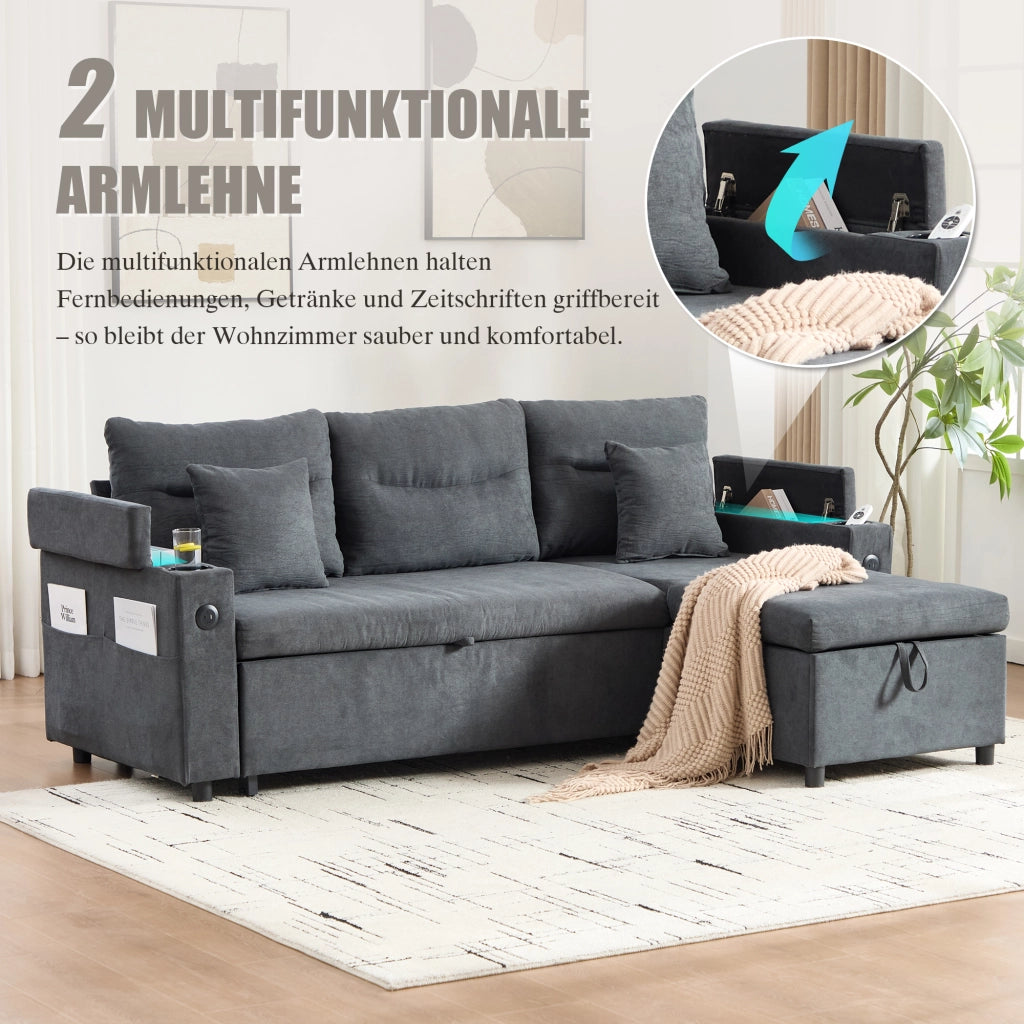 Divano convertibile a 3 posti in lino con contenitore, porte USB-C, chaise longue idraulica e letto estraibile grigio scuro