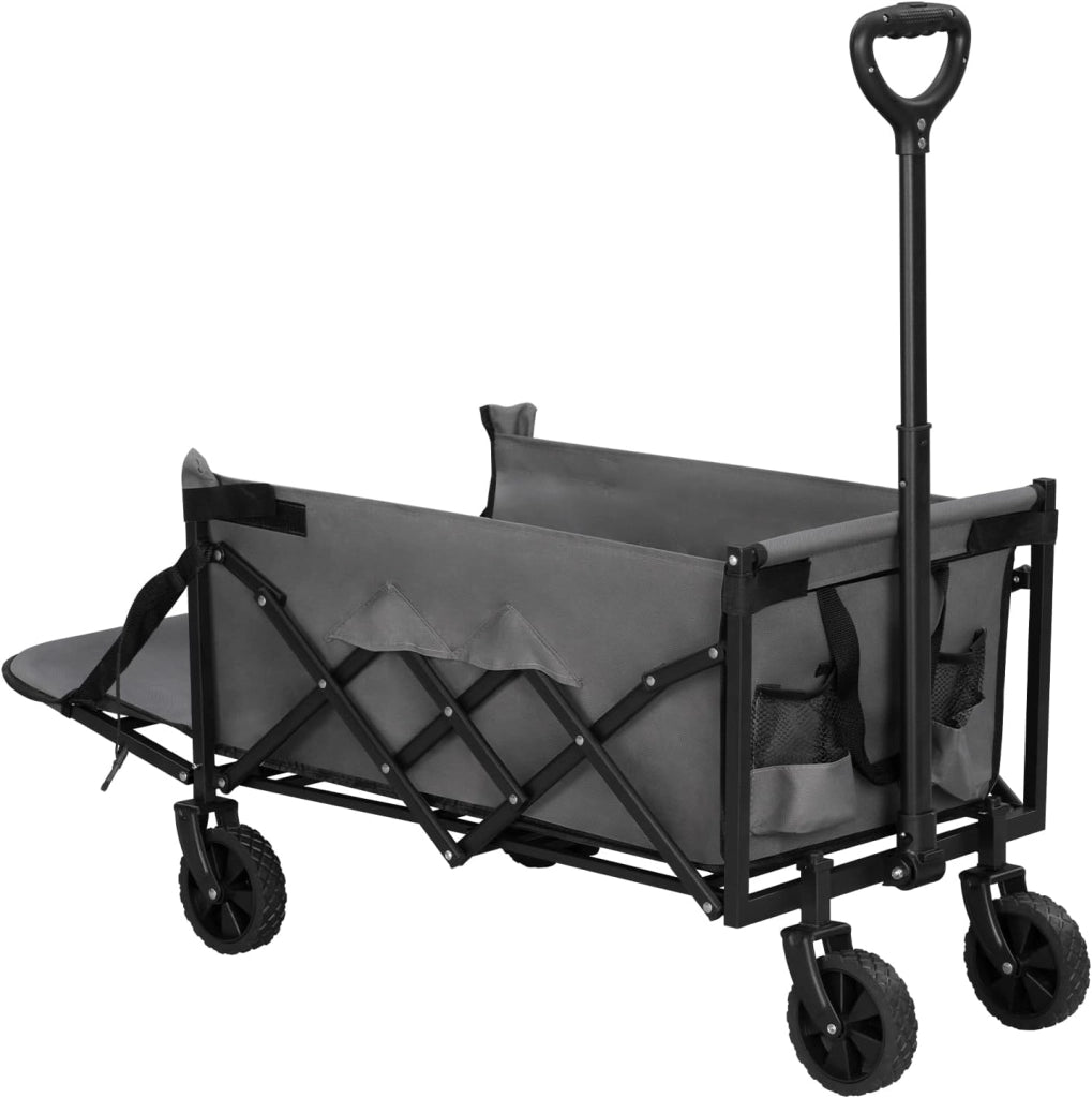 Carrello da Giardino Pieghevole con Ruote, 2 Portabicchieri, Pannello Posteriore Ribaltabile, Manico a Ritorno Automatico, Carrello Portata 150 kg, Telaio in Metallo, per Esterno, Grigio